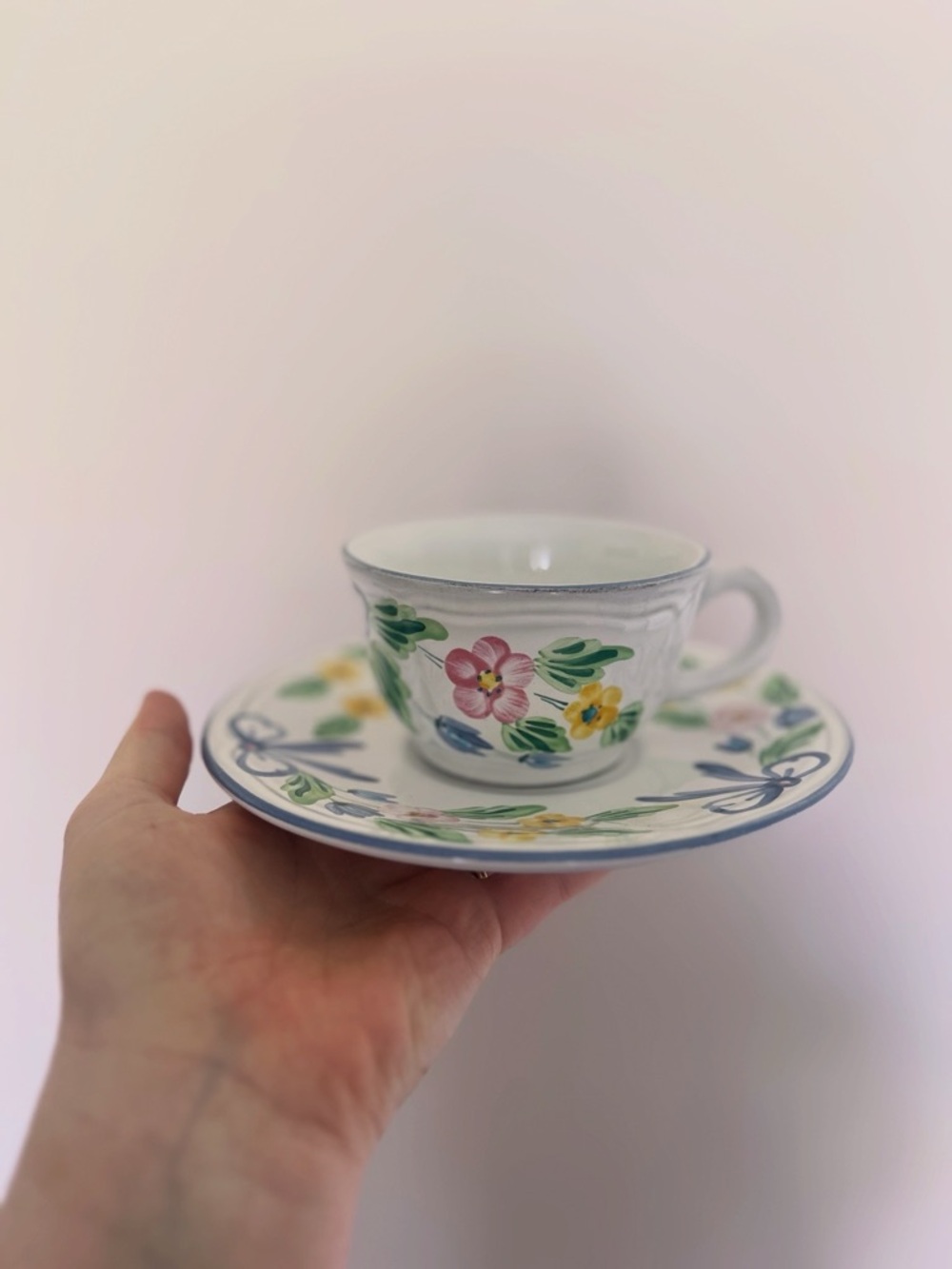 Herend Pottery Hand-Painted Pastel Floral Tea Cup and Saucer w Blue Bows